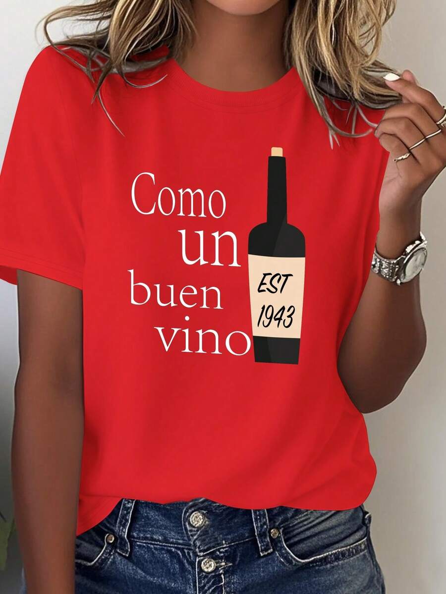 Women's Funny Spanish Style T-Shirt With Vintage 1943 Wine Bottle Print - 100% Soft, Casual, Loose Fit, Printed With "Come Uno Bebió Vine" And "Est. 1943" - Comfortable Everyday Wear, Suitable For All Seasons. - 紅色 - 查看 1