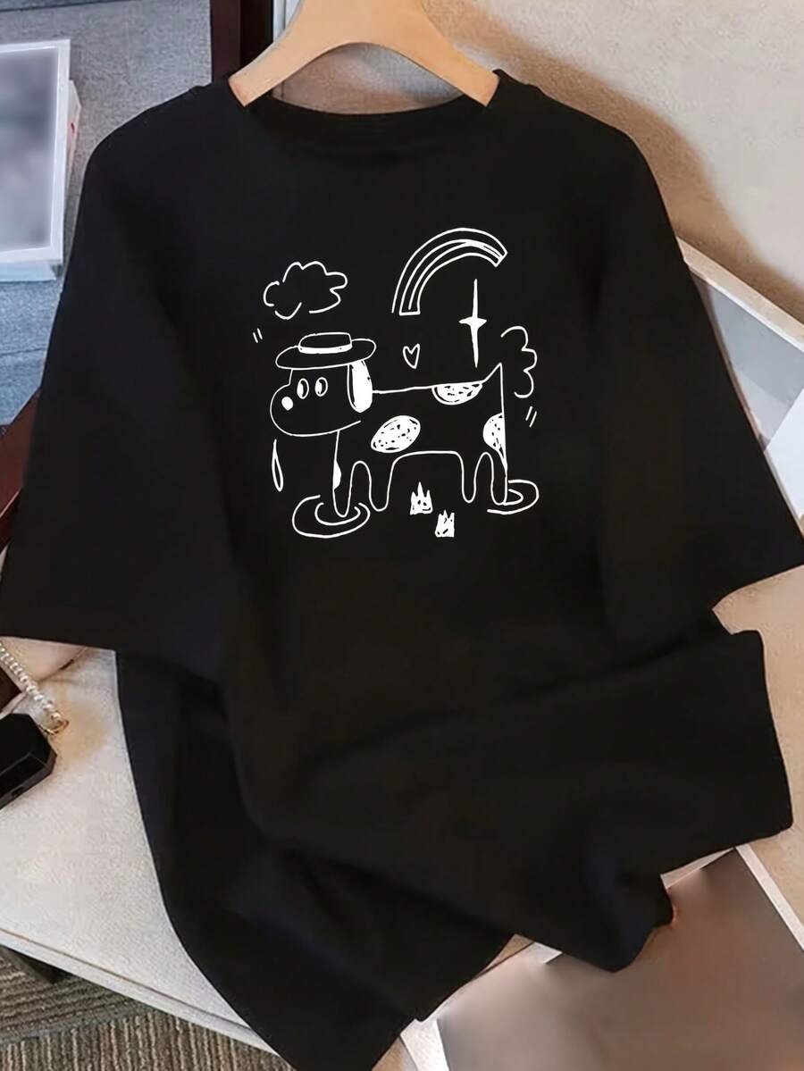 Camiseta de manga corta para mujer con diseño y estampado únicos, nuevo estilo de verano holgado para 2025, top favorecedor para - Negro - Ver 1