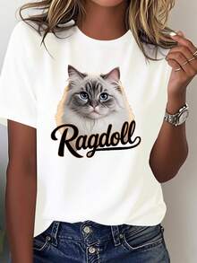 Elegante camiseta de color sólido para mujer, con un retrato de un gato Ragdoll. - Blanco - Ver 1