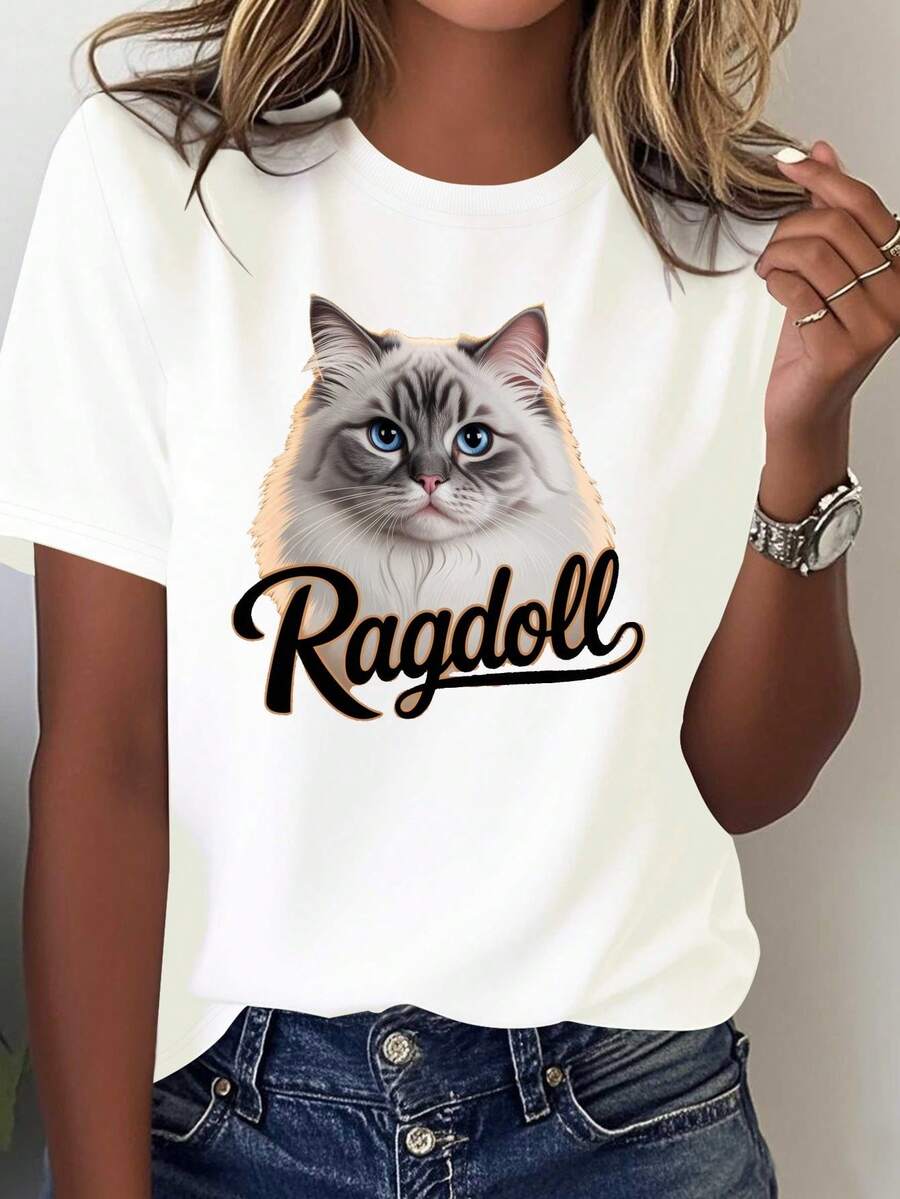 Elegante camiseta de color sólido para mujer, con un retrato de un gato Ragdoll. - Blanco - Ver 1