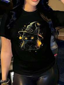 Playera para Mujer con Gato Negro de Ojos Verdes - Estilo Casual Oversize Negra - Negro-1 - Ver 6