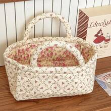 Vintage Floral Quilted Small Storage Tote, Pastoral Floral Collection Makeup Bag/Pencil Pouch, 4 Colors Available, Sold Separately (Not A Set), Portable Organizer For Travel/Bedroom/College Dorm - 查看 5