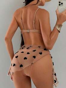 Swim  3 piezas Conjunto de sujetador con aros con estampado de corazones y Bottom tipo bikini y falda cubrepantalones, traje de baño de playa de verano - Rojo - Ver 6
