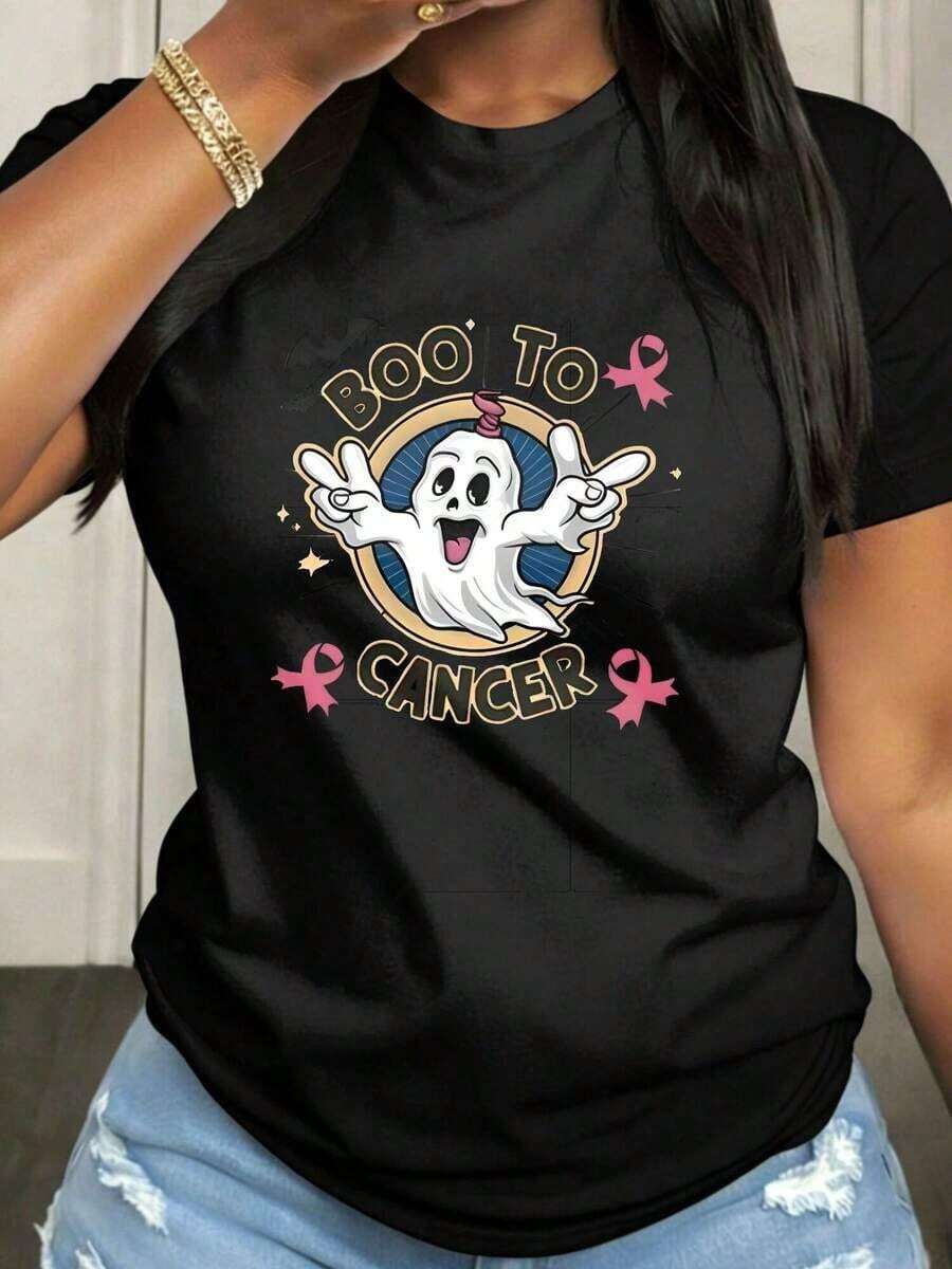 Camiseta Boss de talla grande para mujer, informal, de manga corta y cuello redondo, con tela de elasticidad media, adecuada para atuendos casuales de primavera, verano y otoño, lavable a máquina, diseño divertido. - Negro - Ver 1