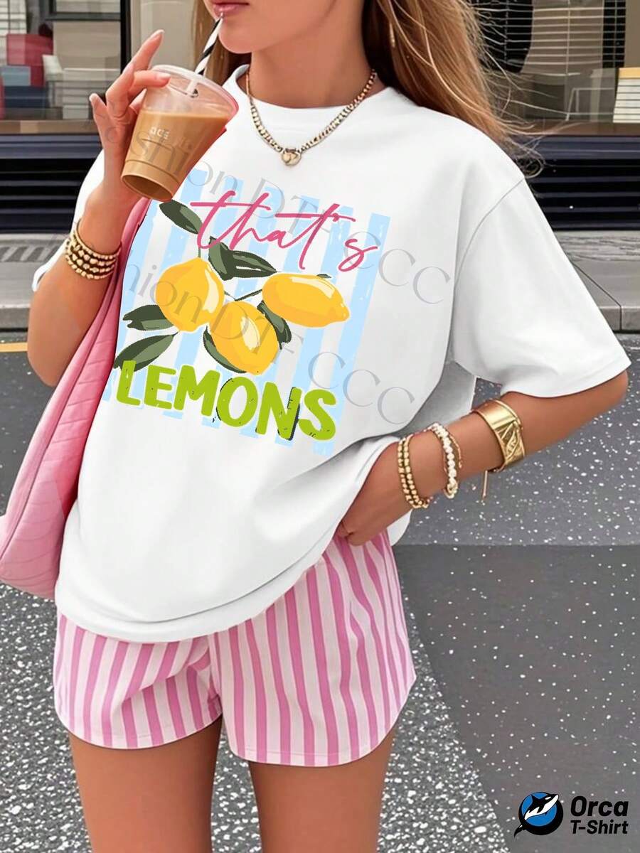 Women's T-Shirt Made Of Pure Cotton, Y2K Style, Personalized And Fashionable, Loose Fit And Short Sleeves, Urban Style Elegance, Casual And Breathable For Everyday Wear, With A Creative Lemon Print, Ideal For Summer, A Gift For Outdoor Sports. - 白色 - 查看 1