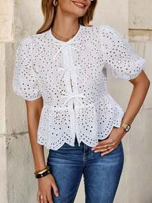 Blusa elegante con mangas abullonadas, lazo delantero y bordado, ideal para vacaciones o San Valentín - Albaricoque - Ver 11