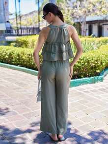 Set de 2 piezas para mujer, top sin mangas liso y pantalón de pierna ancha con volantes - Verde - Ver 6