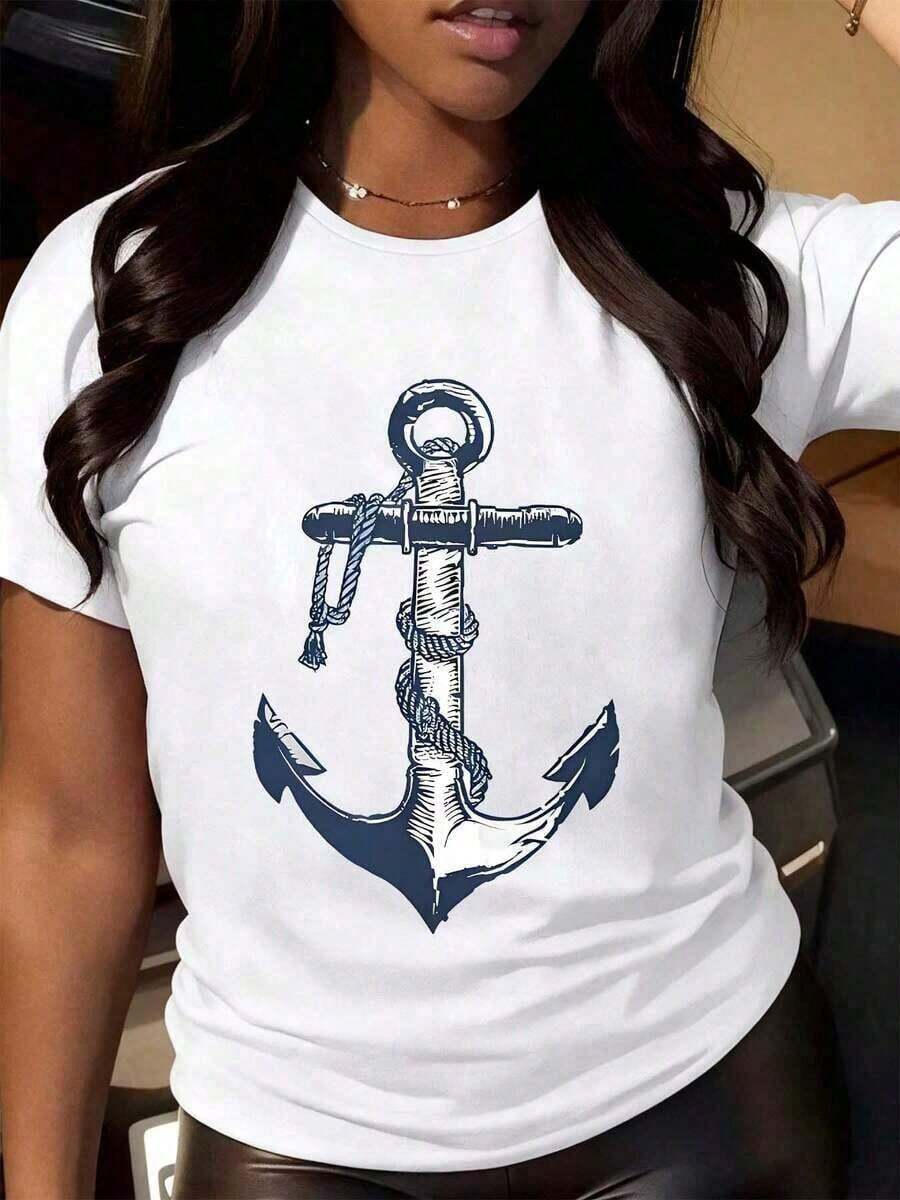 1 Piece Women's Nautical Anchor Design T-Shirt, Summer Casual Top, White Sailor Style Graphic Tee, Nautical Themed Clothing, 180g 100% Cotton. - 白色 - 查看 1