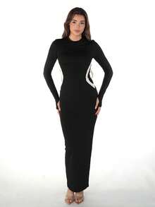Color Block Splice Bodycon Dress Black Elegant - Black - View 3
