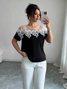 Camiseta de mujer de cuello redondo sencilla y elegante de manga corta, adecuada para el verano - Negro - Ver 7