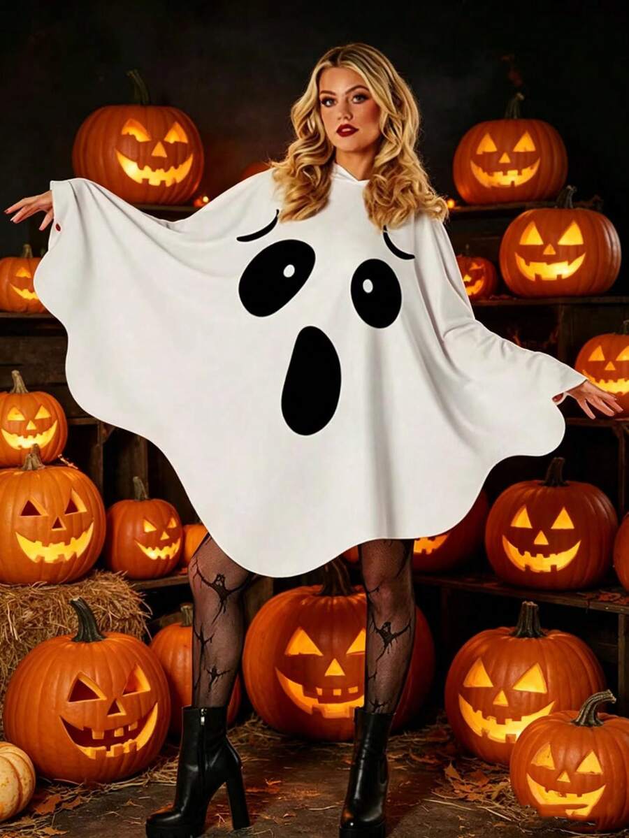 1pc Smiling White Ghost Cloak Hat, Halloween Party Performance Costume Prop