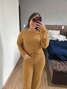 Comfortable Ribbed Mousse Knit Set For Autumn/Winter, Casual And Basic - 駝色 - 查看 2