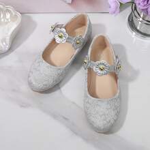 Zapatos planos de niña con diseño de flor de malla y cristales, versátiles y de alta gama para fiesta, boda y baile - Plateado - Ver 4