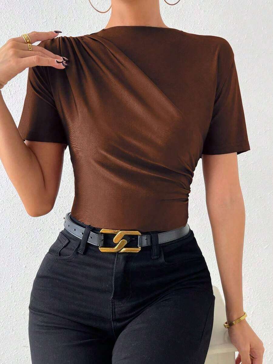 Camiseta con cuello de tortuga fruncida - Marrón 2 - Ver 1