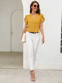 Blusa de mujer de escote en V con estampado de corazón y mangas con volantes para el verano y la playa - Amarillo - Ver 5