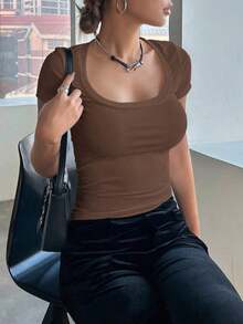 Camiseta casual de verano para mujer de ajuste ceñido con cuello redondo y mangas cortas en unicolor - Café integral - Ver 3