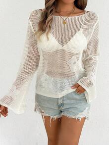Hollow Floral Knit Long Sleeve Cover Up For Women, Casual Beach Vacation Solid Color Sunscreen Shirt, Spring/Summer White - White - View 5