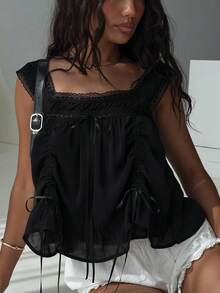 Women's Coquette Cream Lace Trim Camisole Y2K Square Neck Ruffled Hem Drawstring Ruched Top For Summer - Negro - Ver 3