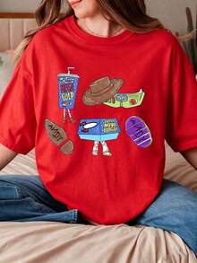 Color Of Comfort®   Pizza Planet Alien Snack Shirt, Walt  World's Hallwood Studios  Snack T-Shirt 00864, Women's Graphic Print T-Shirt, Casual Summer Short Sleeve - 紅色的 - 查看 4