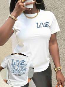 Camiseta Casual de Manga Corta con Cuello Redondo y Estampado de Letras Inglesas para Mujer, Marca - Blanco - Ver 5