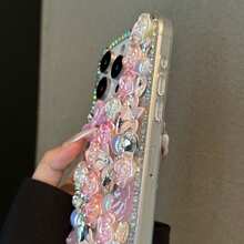 Luxury Rhinestone Studded Bow & Rose Flower 17 Bling Diamond Phone Case, New Design For IPhone 16 Pro Max, Elegant Handmade Protective Cover For IPhone 13, 15 Pro - Pink - View 3