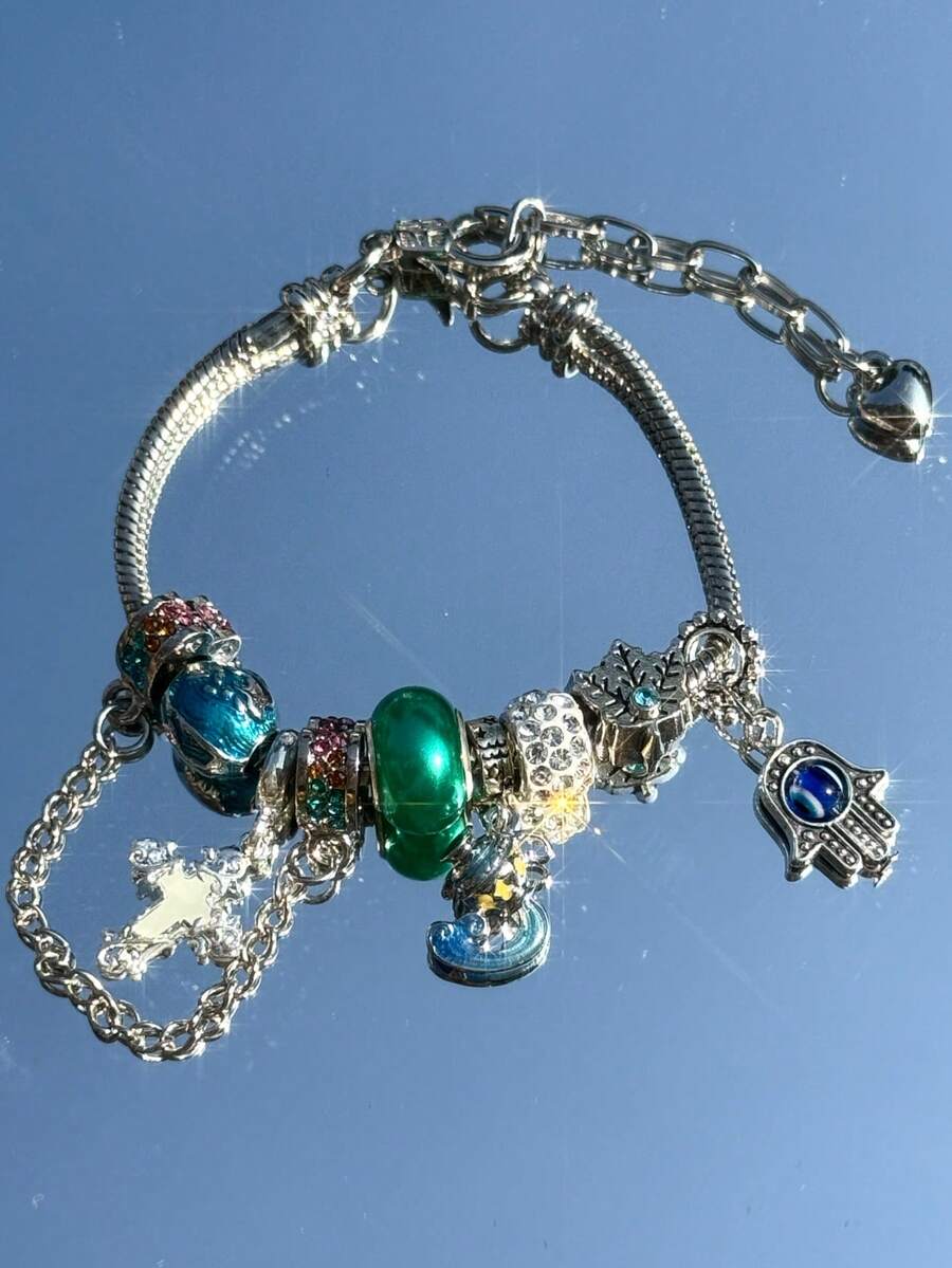 1 pieza Pulsera con colgante de cruz luminoso, Pulsera con colgante de ojo de demonio, Pulsera de cadena con corazón de moda, Pulsera de elemento oceánico, Pulsera de vacaciones en la playa, Pulsera con cuentas de diamantes, Pulsera DIY de cuentas de agujero grande verde, Pulsera con colgante de hoja de arce, Regalo de recuerdo de viaje, Pulsera de festival de música, Regalo de temporada de graduación, Regalo de temporada de regreso a clases, Pulsera de boda - Plateado - Ver 1