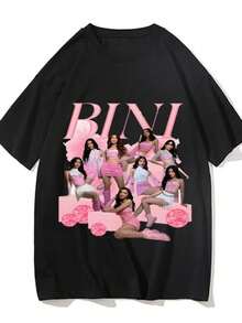 blusas para mujer BINI Girls Group Kpops Singer T Shirt Merchandise Men Women Pure Cotton Vintage T-shirt Short Sleeve Clothing Adult Streetwear - Negro - Ver 1