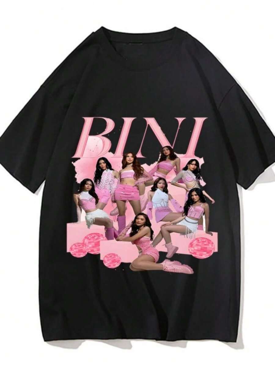 blusas para mujer BINI Girls Group Kpops Singer T Shirt Merchandise Men Women Pure Cotton Vintage T-shirt Short Sleeve Clothing Adult Streetwear - Negro - Ver 1