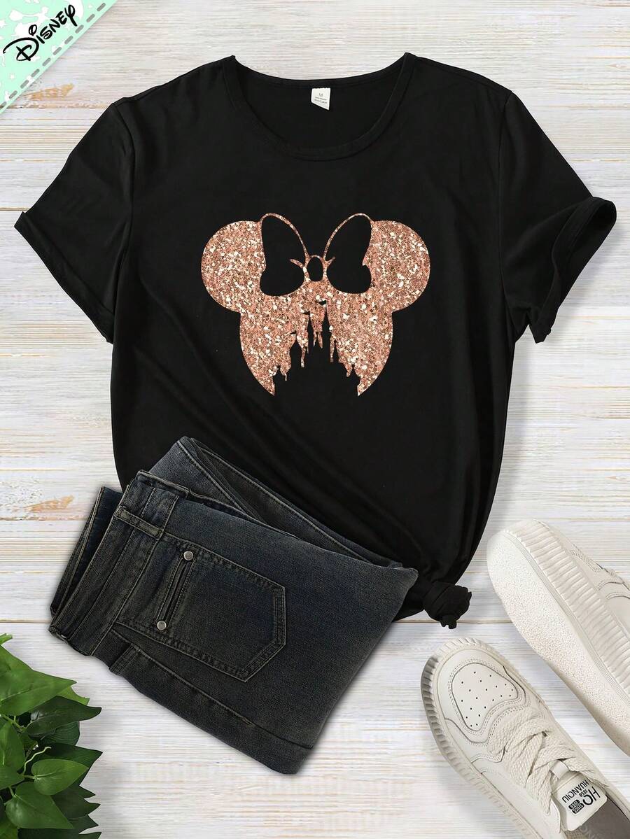 Disney Official Licensed Rose Gold Glitter Castle Minnie Mouse T-Shirt For Women, 100% Cotton Oversized Loose Fit Graphic Tee, Casual Short Sleeve Summer Top - 黑色 - 查看 1