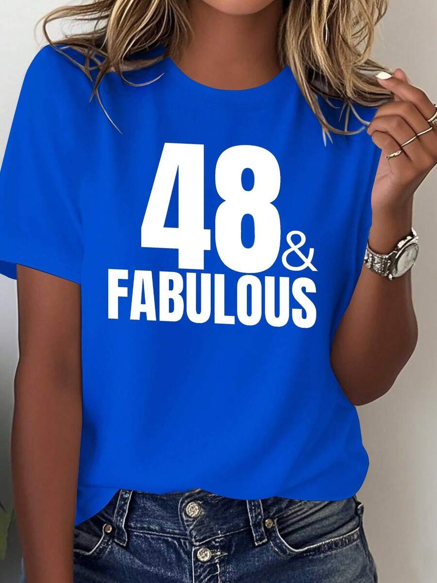 Anti-Aging T-Shirt For Women 48+ Years - 100% Loose And Comfortable Fit, Eye-Catching Print With The Number "48", Casual Wear, Birthday Party Outfit, Fun Gift Idea For A 48th Birthday, Machine Washable, White With Black Letters, Geometric Pattern, Loose Fit, Suitable For All Seasons, Fashion Garment, Casual Blouse For Women. - 藍色 - 查看 1