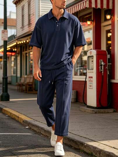 Men's Solid Color Crew Neck Short Sleeve T-Shirt And Drawstring Waist Shorts Casual Daily Sports Suit