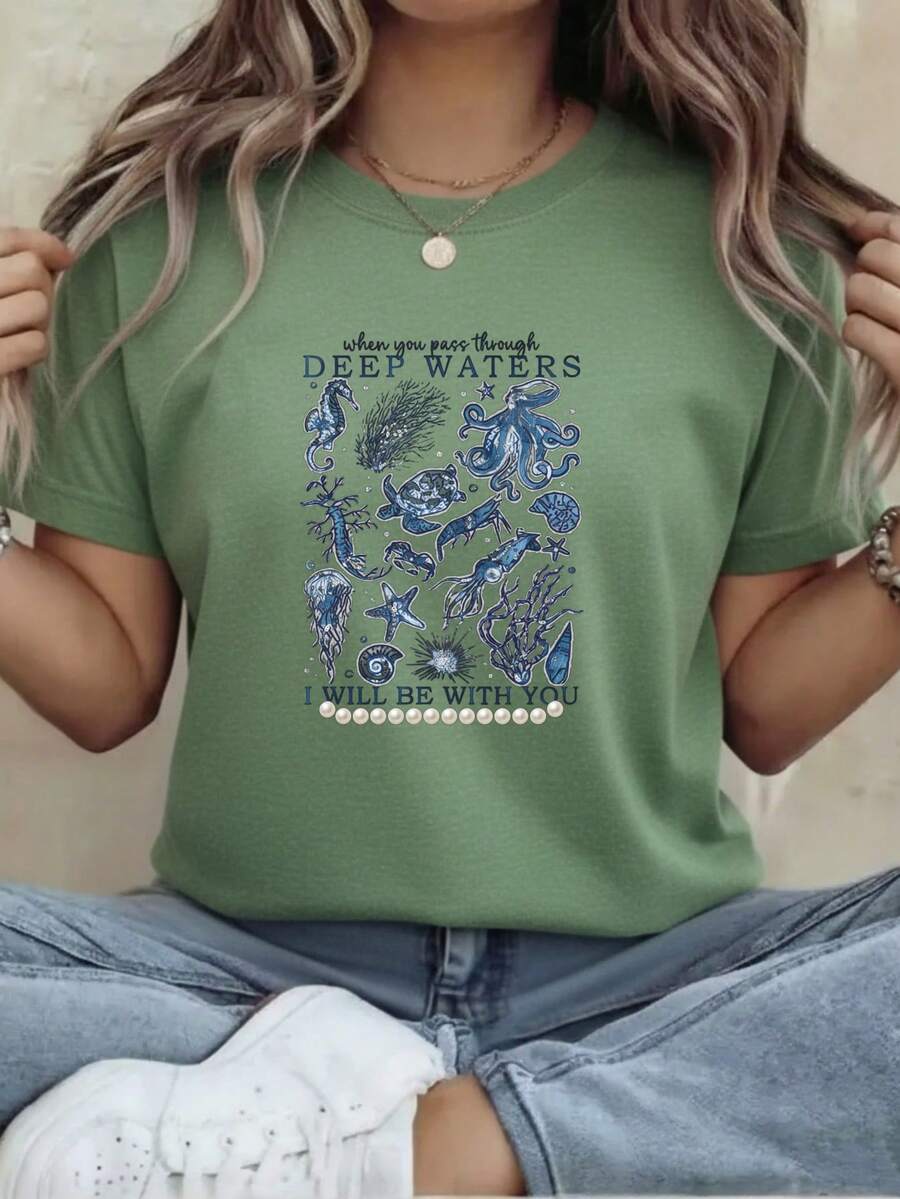 Edición Limitada de Ropa de Verano para Mujer, Camisetas de Mujer, Camisetas de Moda, Deportes y Fitness, Salidas Casuales, Vida Universitaria, Camisetas Ligeras de Algodón con Estampado de Caballito de Mar y Pulpo - Verde - Ver 1