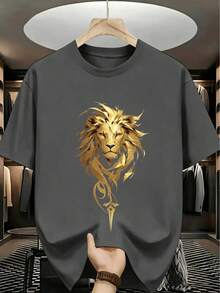 Camiseta de verano para hombre, estilo americano y moderno, estampado de cabeza de león dorada, manga corta, sensación premium moderna y llamativa, adaptada para uso diario casual/deportes al aire libre/fiestas/citas, regalo creativo asequible y sin colisión para novio - azul real - Ver 7