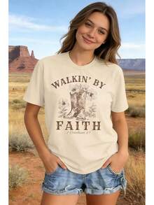 Women's Vintage Floral T-Shirts, Cute Floral Print Tees, Bohemian Wildflower T-Shirts, Casual Short-Sleeved Summer T-Shirts - 杏1 - 查看 3
