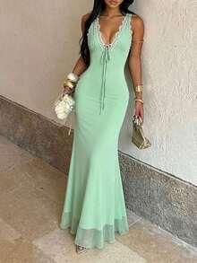 1 pieza Vestido de fiesta elegante de unicolor, tela de punto con cremallera y adorno de encaje, adecuado para citas en verano - verde menta - Ver 3