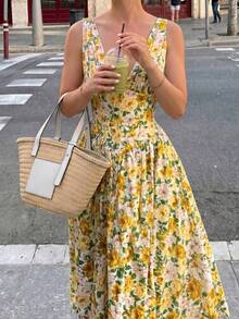 Amore Look For A Wedding Guest: Long Blue Dress With Floral Print, V-Neck, Sleeveless, High Waist And A-Line Silhouette, Perfect For Graduations, Parties, Summer Holidays Or An Elegant Afternoon Tea - 黃色 - 查看 4
