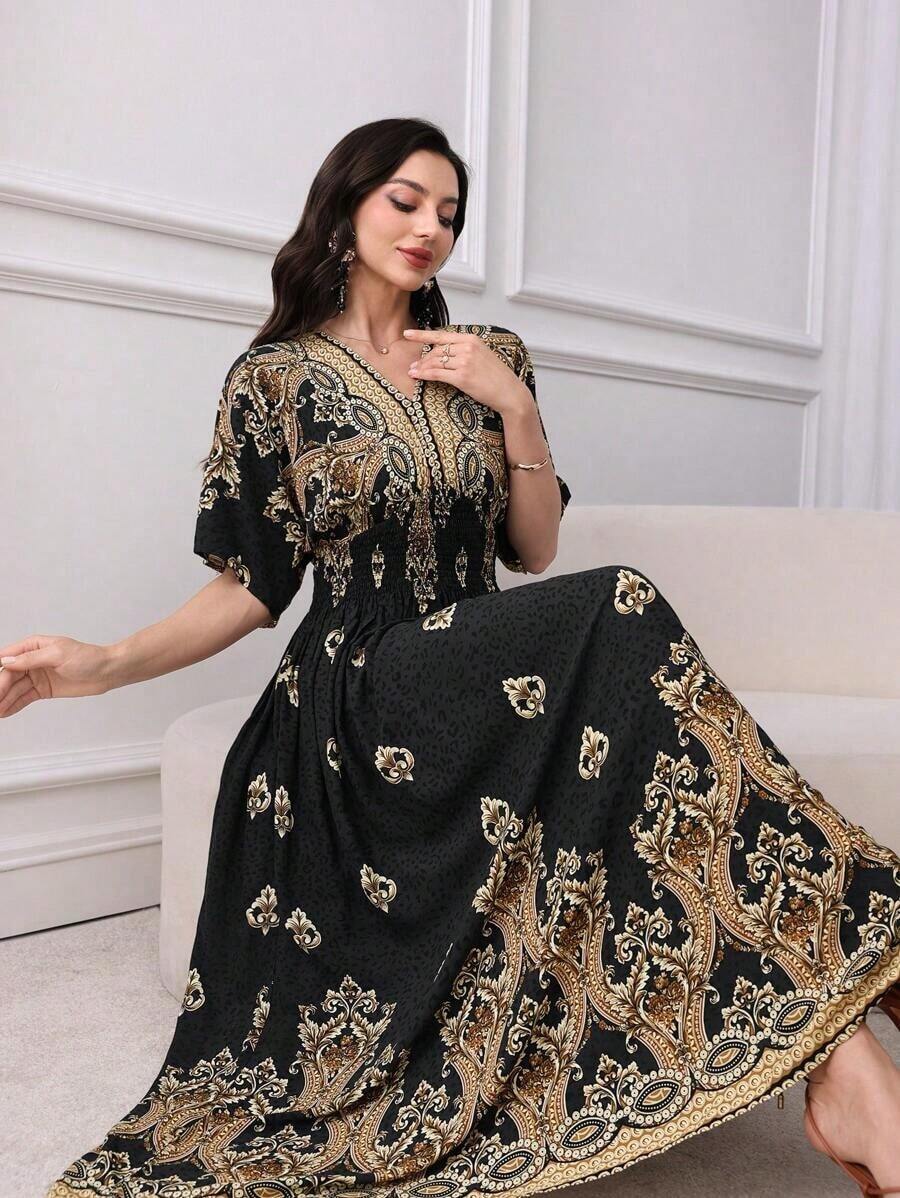 Lacomfia Vestido de mujer de estilo vacacional con estampado geométrico elegante, mangas de murciélago fruncidas y cintura ceñida - Negro - Ver 1