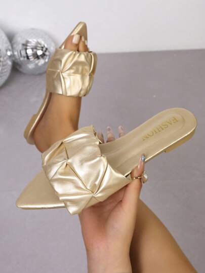 1 Pair Women's Summer PU Leather Ruffle/Frill Edge Beach Slippers, Non-Slip Soft Sole Open Toe Flat Sandals For Outdoor, Casual Wear