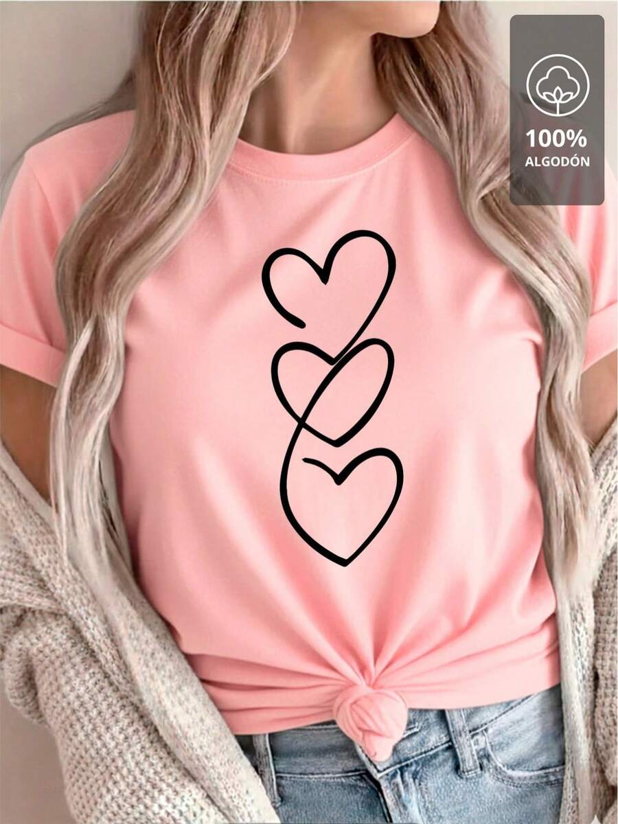 Tela para camiseta con contorno negro de triple corazones - 100% algodón - Rosa - Ver 1