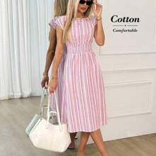 guang zhou mi qian shang mao  Vestido casual de mujer de longitud media con cintura ceñida y rayas, para verano - Rosa Pálido - Ver 1
