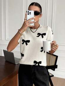 Blusa de punto casual de cuello redondo, manga larga, con detalle de lazo - Blanco - Ver 4