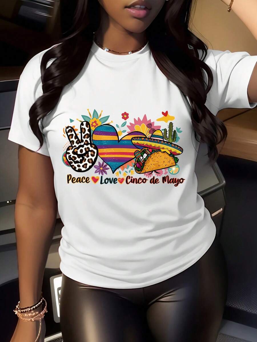 Blusa casual para mujer con estampado de cactus y sombrero de estilo mexicano - Diseño con la frase en español "paz y amor" para el Festival del 5 de Mayo, maracas y patrones festivos, top blanco de manga corta para fiestas de primavera y uso casual, playeras de mujer algodón. - Blanco - Ver 1
