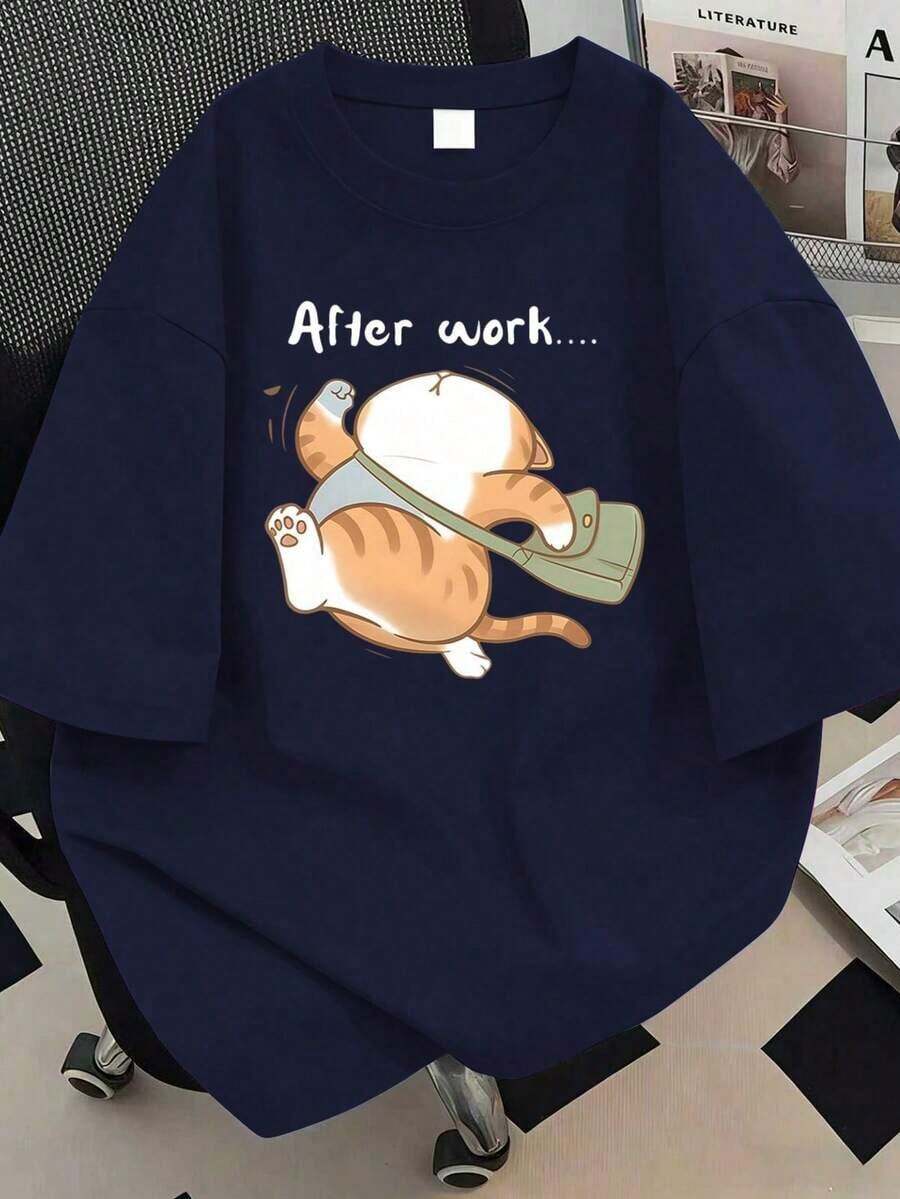 Camiseta casual con estampado de gato para mujer de talla grande, adecuada para uso diario, salidas, vacaciones, verano, fiestas en la playa, festivales de música, vacaciones y otros eventos.Color: Negro - Azul marino - Ver 1