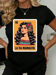 Camiseta de Diseño Inspirado en la Lotería Mexicana "La Tía Mamacita" con Mujer con Flores y Vestido Tradicional, Adecuada para Uso Casual y Deportivo - Negro - Ver 7