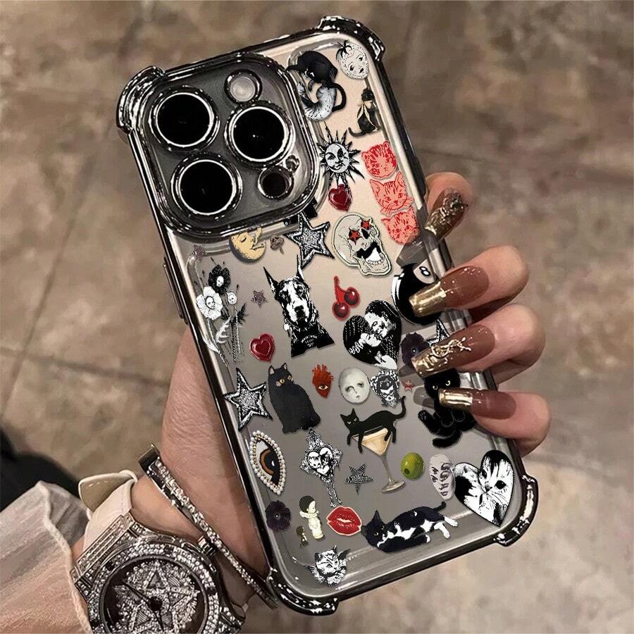 Phone Case: 1pc Gothic Black Cat And Skull Sticker Pattern Phone Case Compatible With Apple  11 12 13 14 15 16 17 ProMax/Plus/Air . Transparent Shock Proof Funky Personality Fashion Exquisite Can Be Given To Friends Or Yourself - 粉色 - 查看 1