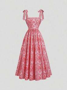 Vestido vintage de mujer con cintura anudada y estampado floral diminuto, de peso ligero y lujoso, sin mangas, rojo, ajustado, sexy, adecuado para vacaciones de verano y fiestas - Rojo 2 - Ver 1