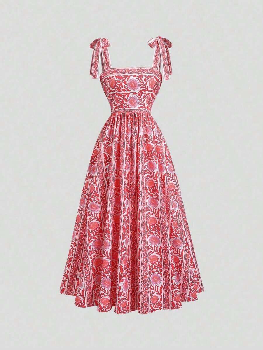 Vestido vintage de mujer con cintura anudada y estampado floral diminuto, de peso ligero y lujoso, sin mangas, rojo, ajustado, sexy, adecuado para vacaciones de verano y fiestas - Rojo 2 - Ver 1