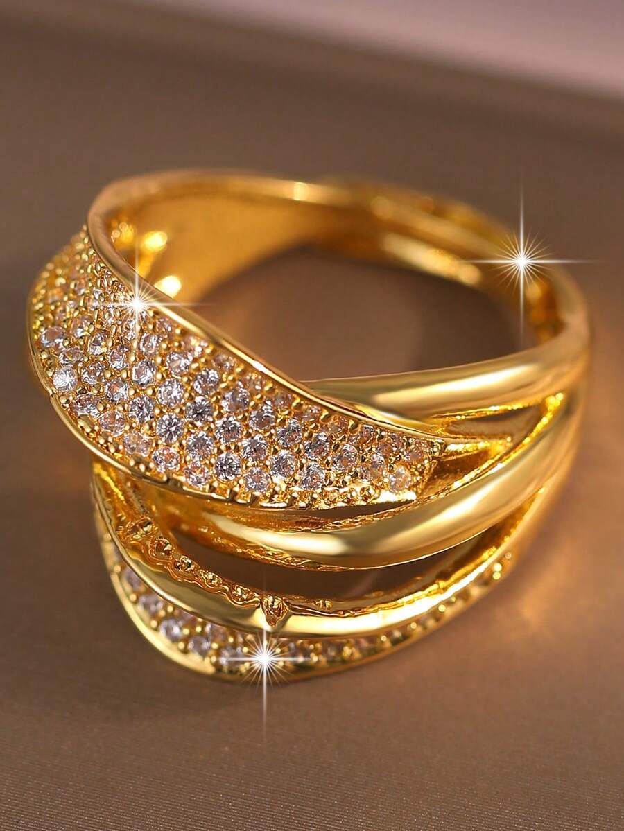 1件女性幻想幾何立方鋯石訂婚戒指 空心圓形十字銅婚戒 日常裝飾週年紀念珠寶禮物