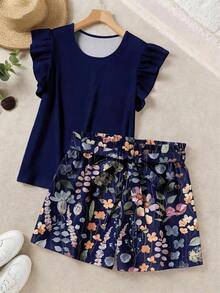 2026  LUNE 2 piezas Conjunto de top con volantes de unicolor elegante y shorts estampados, para verano - Multicolor 3 - Ver 11