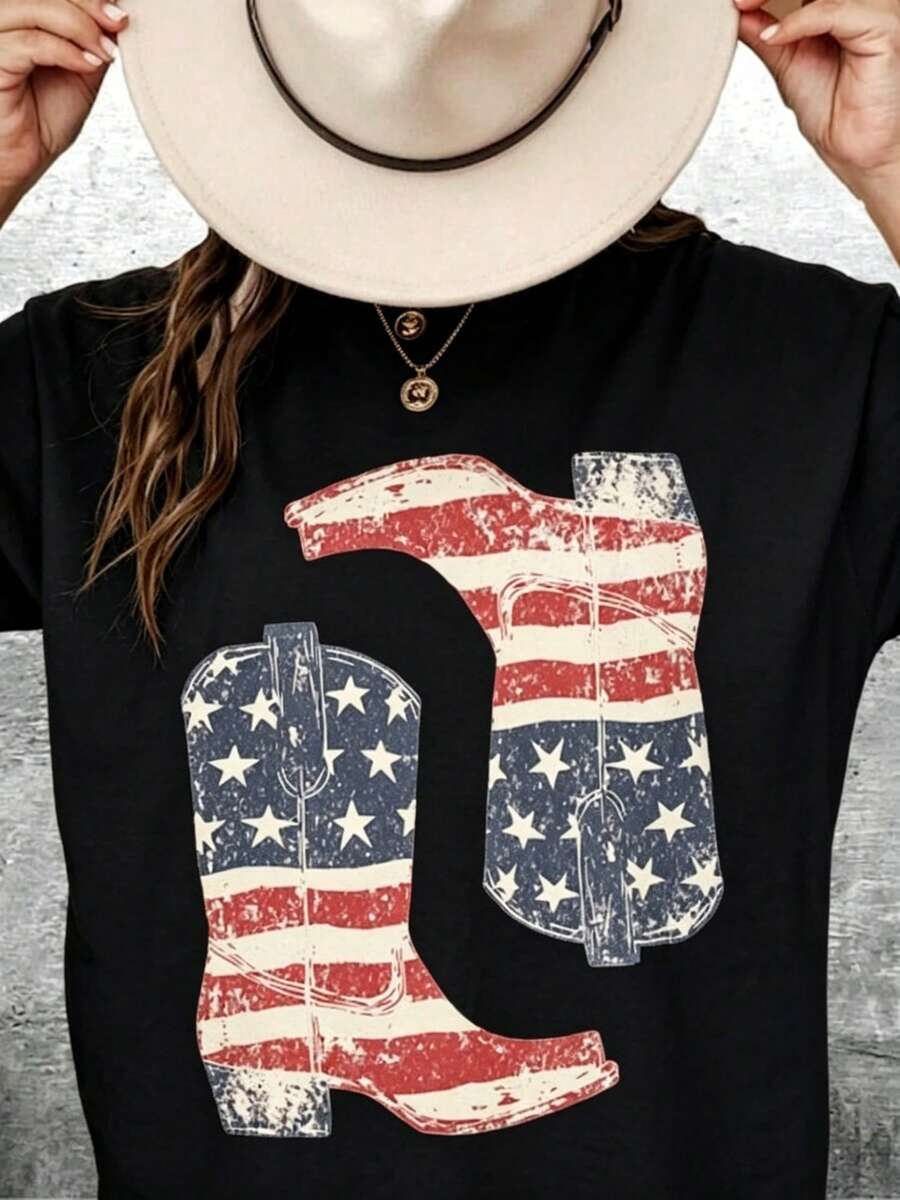Camisa Western Vintage, Camisa del 4 de Julio, Camisa de Botas de Vaquero, Camisa Western Cowgirl para Mujer, Talla Grande, Mujer, Hombre, Unisex, Camiseta de Algodón Grueso de Manga Corta Clásica con Estampado Gráfico, Camiseta Casual de Manga Corta para Mujer - Negro - Ver 1